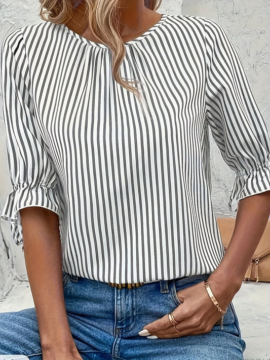 Blusa Feminina Elegante Listrada com Botões nas Costas