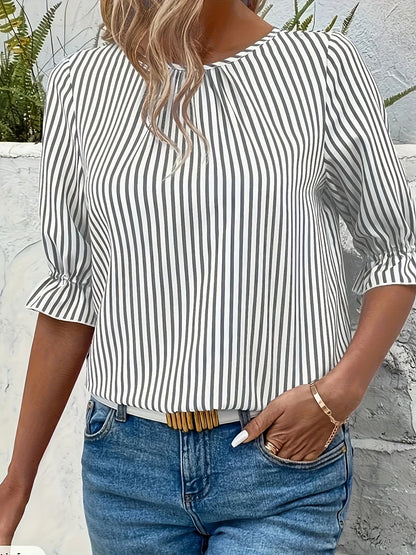 Blusa Feminina Elegante Listrada com Botões nas Costas
