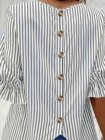 Blusa Feminina Elegante Listrada com Botões nas Costas