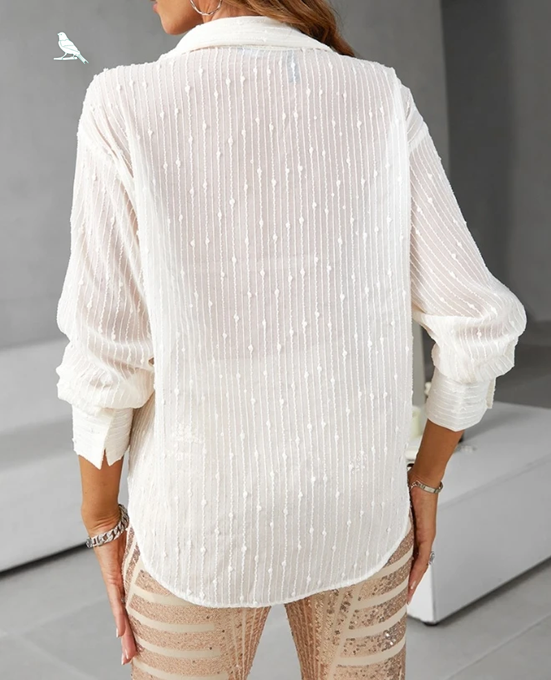 Camisa Feminina Elegante Manga Longa Coreana de Verão com Gola Virada, Listras Verticais e Botões