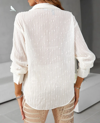 Camisa Feminina Elegante Manga Longa Coreana de Verão com Gola Virada, Listras Verticais e Botões